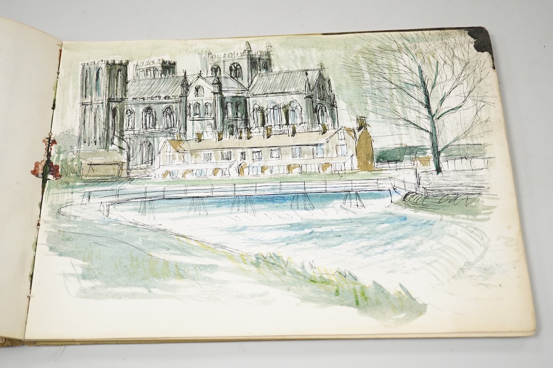 James Knight, a 20th century architect's sketch book to include a panoramic view of Dover and various other landscapes and figural studies, ink and watercolours, 18 x 25cm